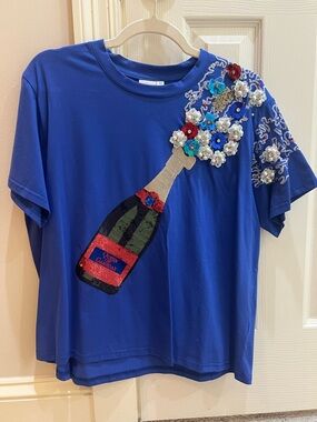 QUEEN OF SPARKLES Royal Blue Embellished Champagne Tee